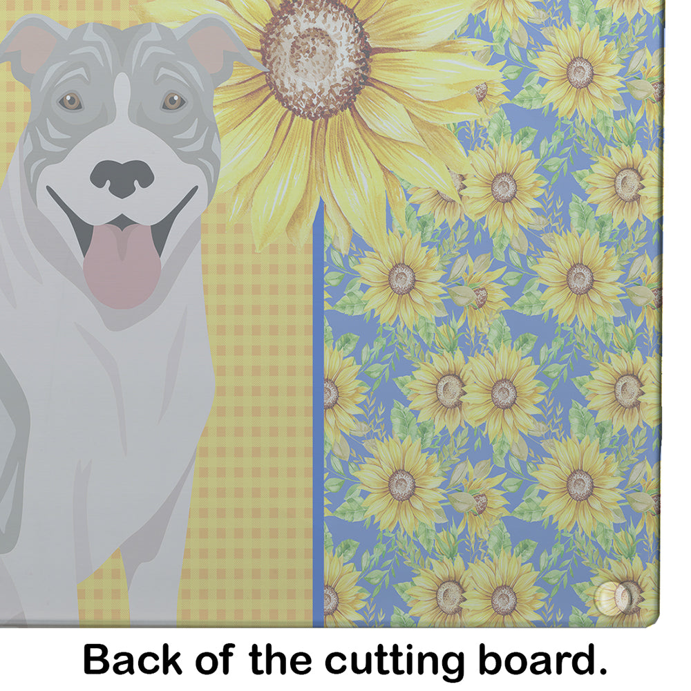 Summer Sunflowers Blue Brindle Pit Bull Terrier Glass Cutting Board Large - the-store.com