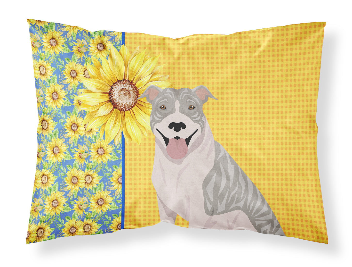 Buy this Summer Sunflowers Blue Brindle Pit Bull Terrier Fabric Standard Pillowcase