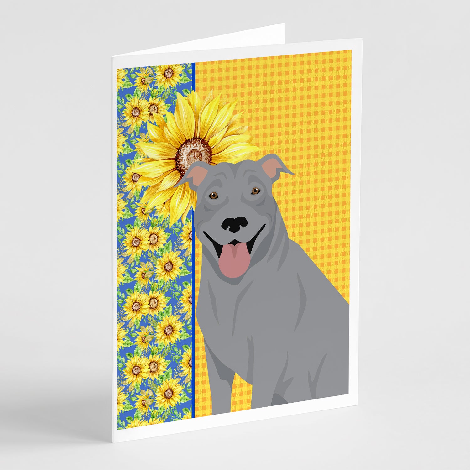 Buy this Summer Sunflowers Blue Pit Bull Terrier Greeting Cards and Envelopes Pack of 8