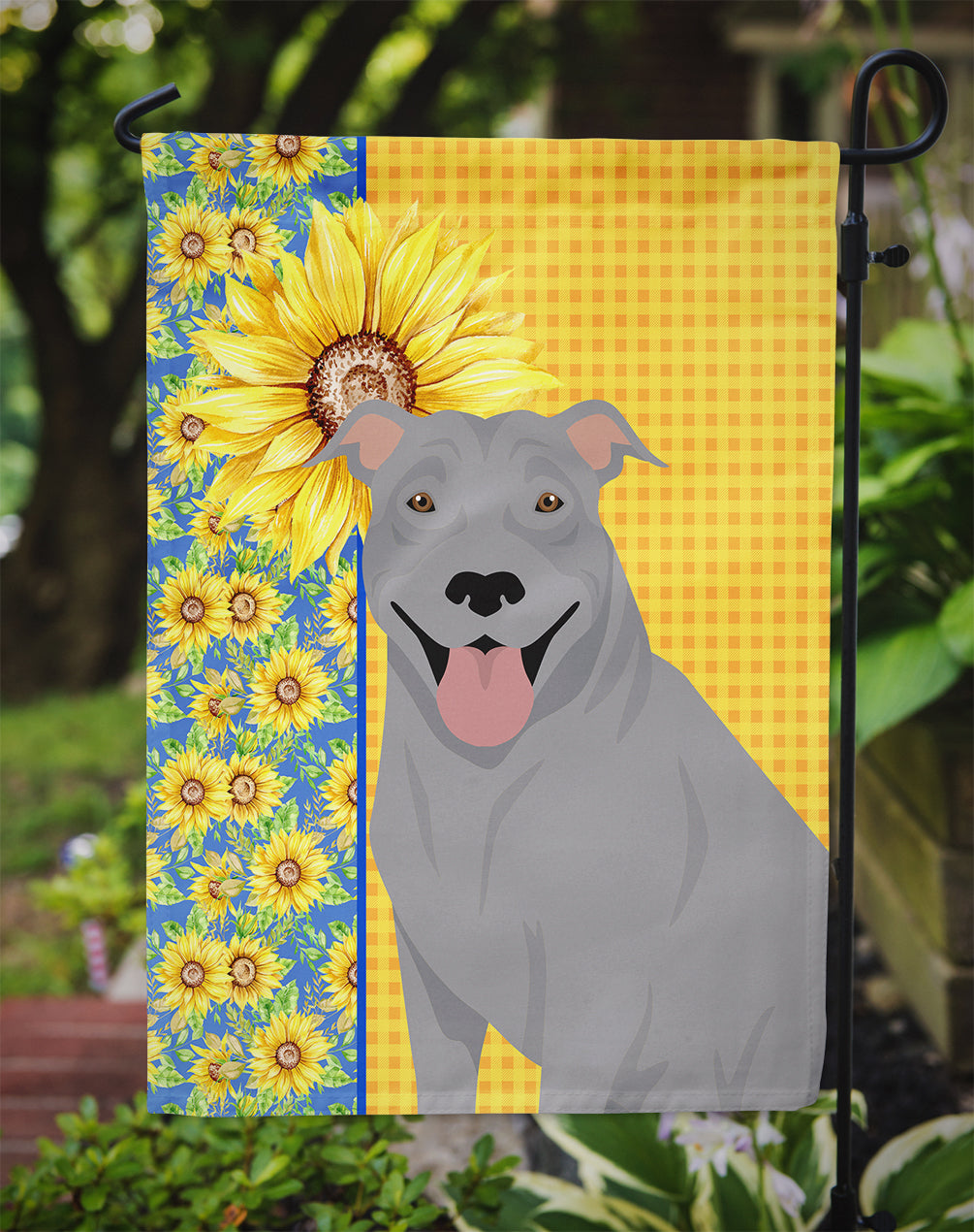 Summer Sunflowers Blue Pit Bull Terrier Flag Garden Size  the-store.com.