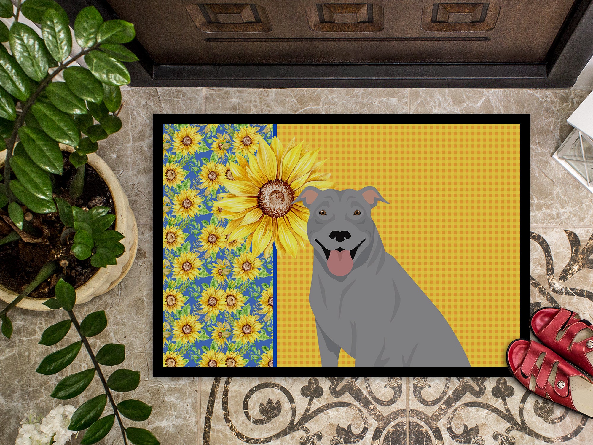 Summer Sunflowers Blue Pit Bull Terrier Indoor or Outdoor Mat 24x36 - the-store.com