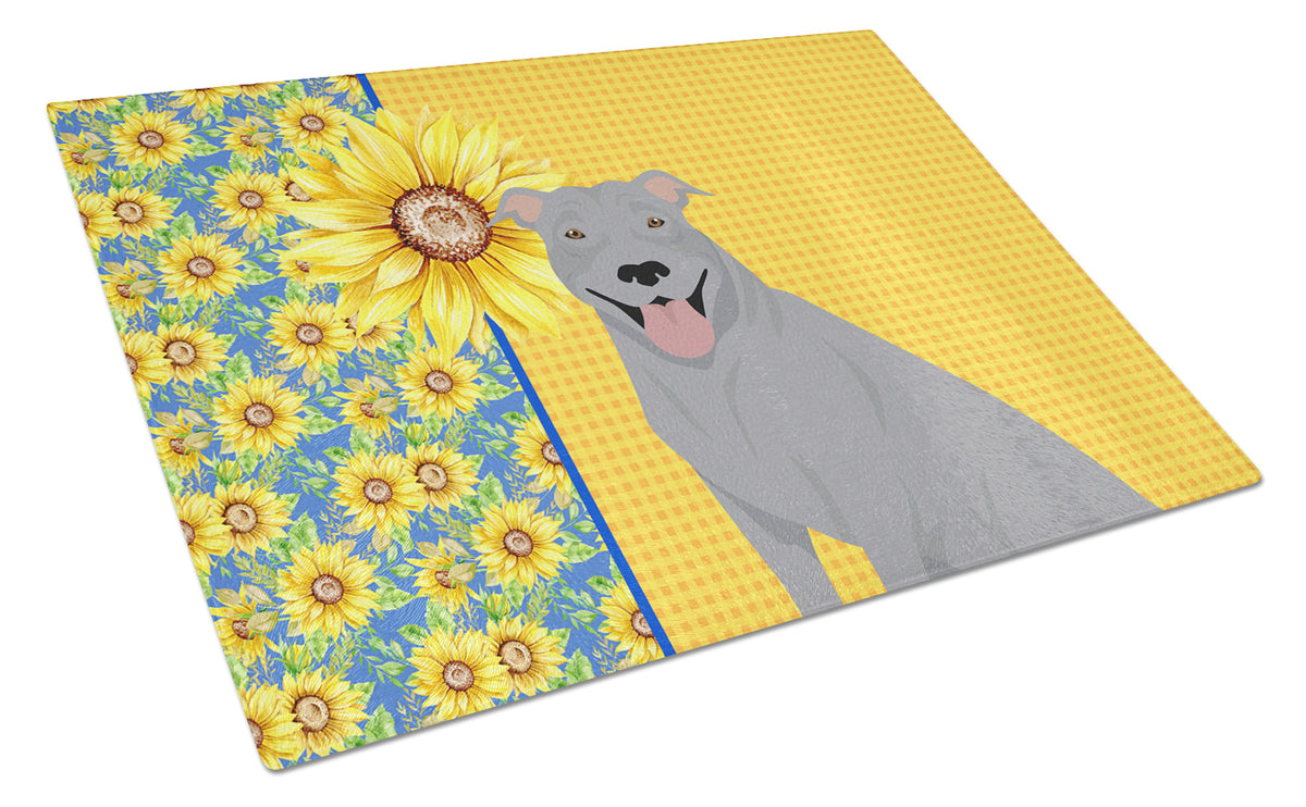 Buy this Summer Sunflowers Blue Pit Bull Terrier Glass Cutting Board Large