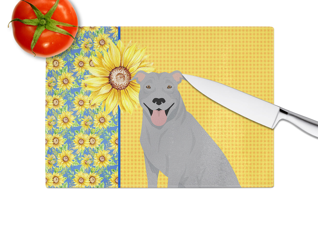 Summer Sunflowers Blue Pit Bull Terrier Glass Cutting Board Large - the-store.com