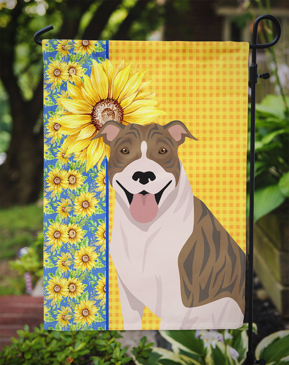 Summer Sunflowers Fawn Brindle Pit Bull Terrier Flag Garden Size  the-store.com.