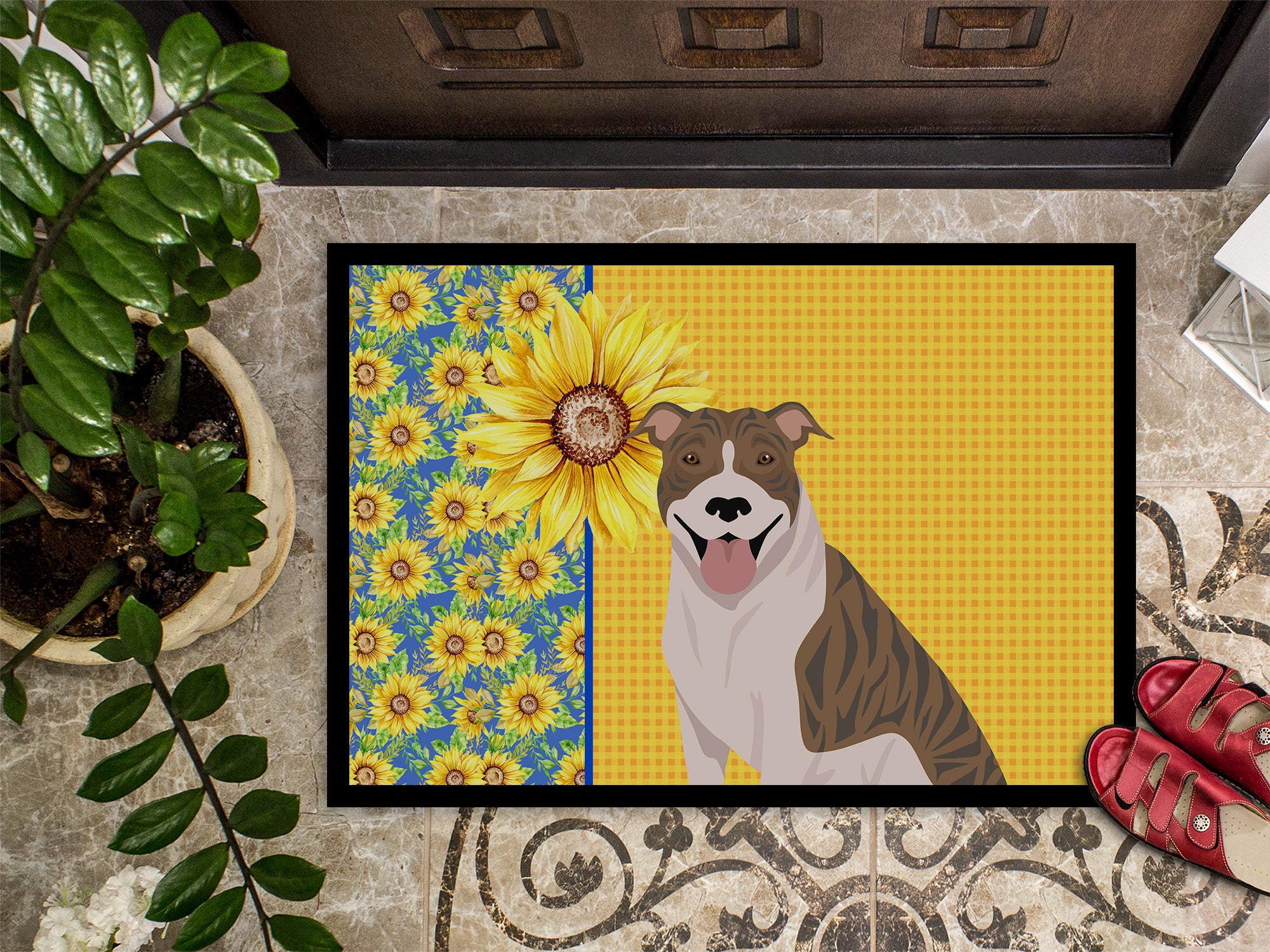 Summer Sunflowers Fawn Brindle Pit Bull Terrier Indoor or Outdoor Mat 24x36 - the-store.com