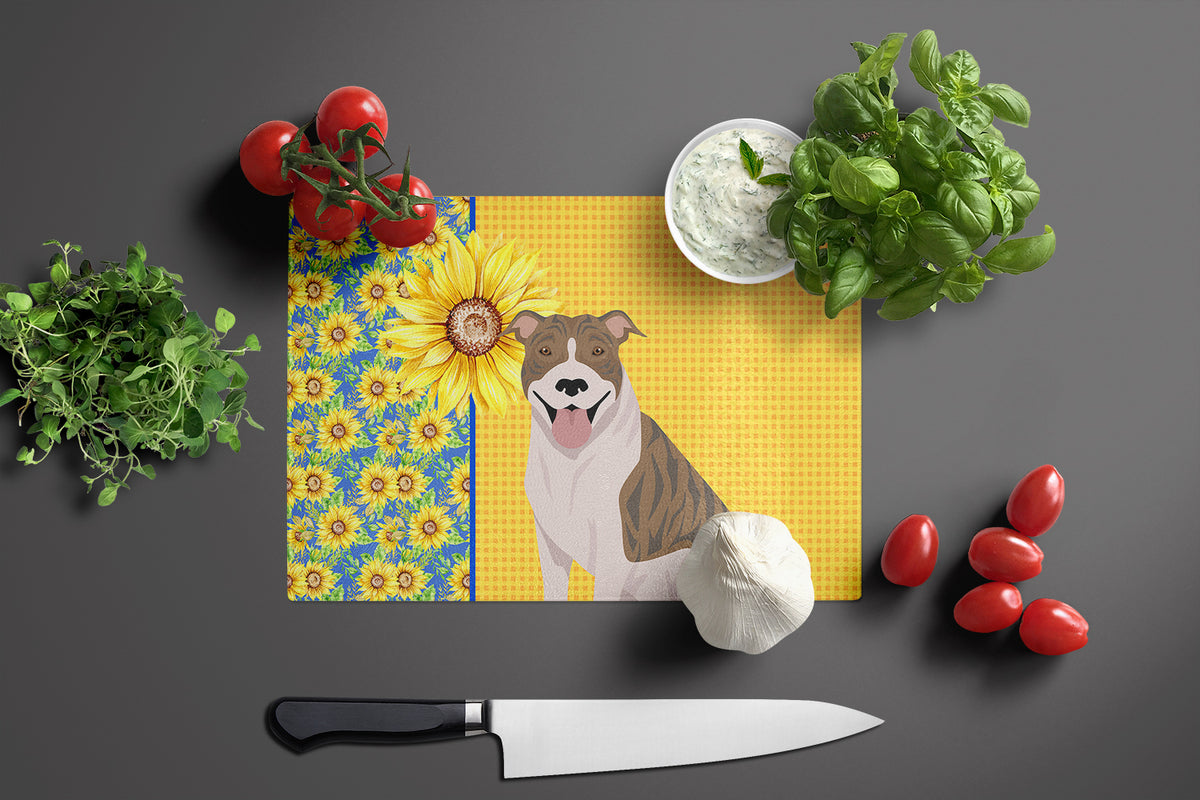 Caroline's Treasures Summer Sunflowers Fawn Brindle Pit Bull Terrier Glass Cutting Boards – Durable, Decorative Kitchen Art Large