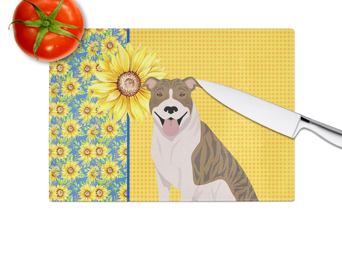 Summer Sunflowers Fawn Brindle Pit Bull Terrier Glass Cutting Board Large - the-store.com