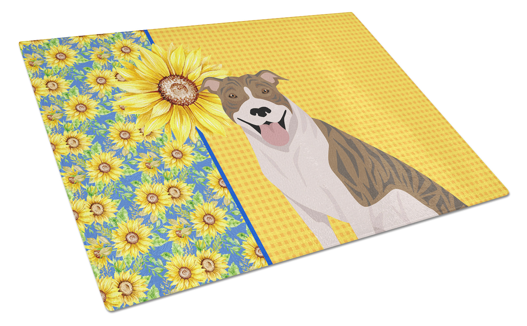 Buy this Summer Sunflowers Fawn Brindle Pit Bull Terrier Glass Cutting Board Large