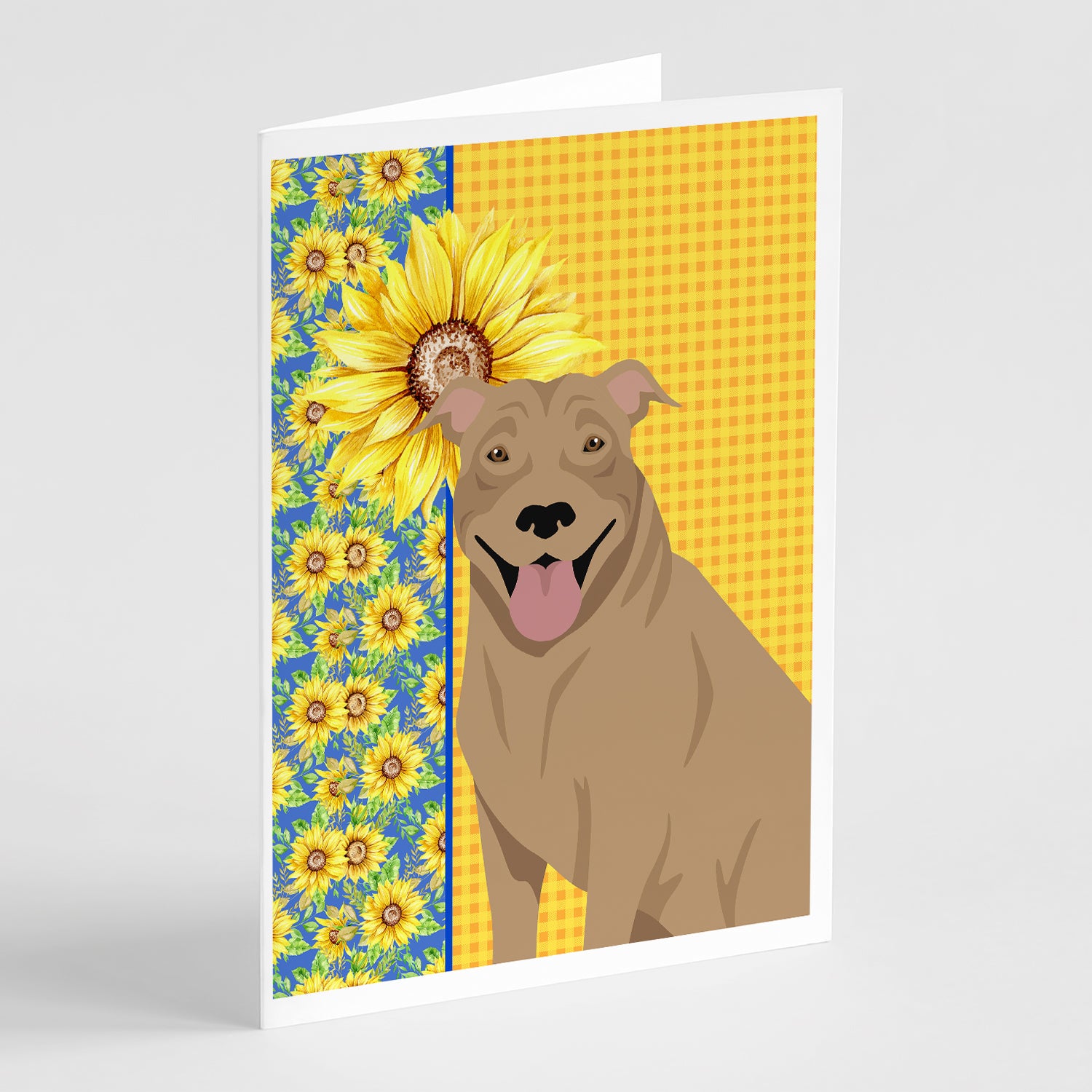 Buy this Summer Sunflowers Fawn Pit Bull Terrier Greeting Cards and Envelopes Pack of 8