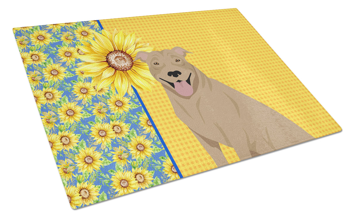 Buy this Summer Sunflowers Fawn Pit Bull Terrier Glass Cutting Board Large