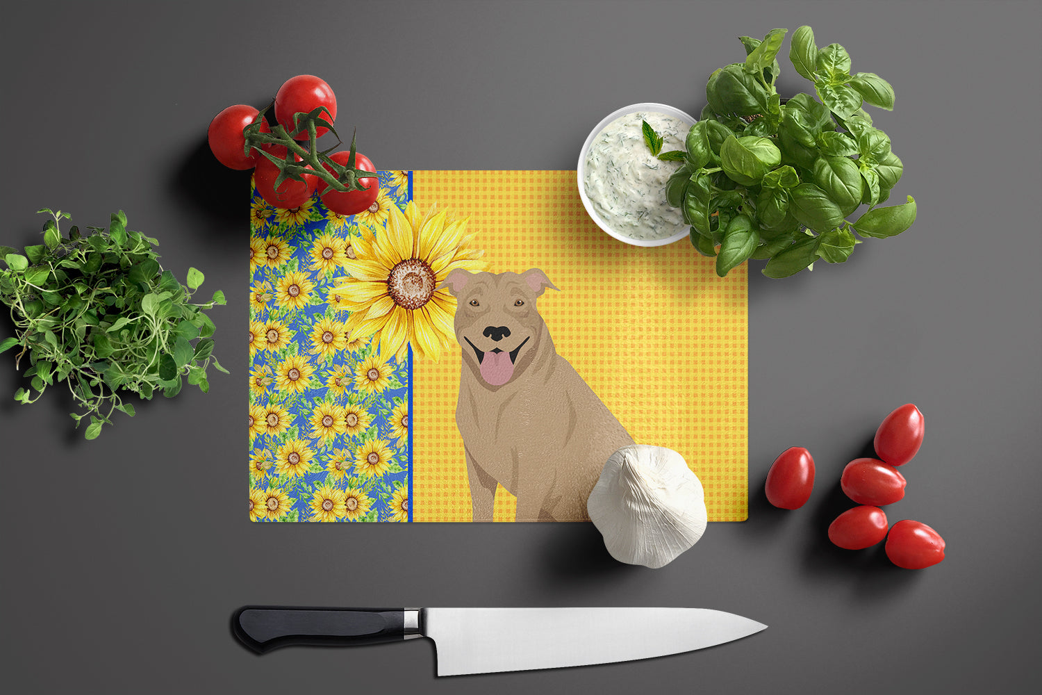 Summer Sunflowers Fawn Pit Bull Terrier Glass Cutting Board Large - the-store.com