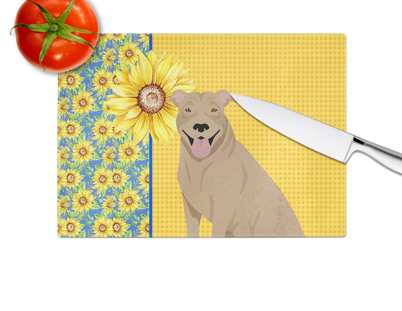 Summer Sunflowers Fawn Pit Bull Terrier Glass Cutting Board Large - the-store.com