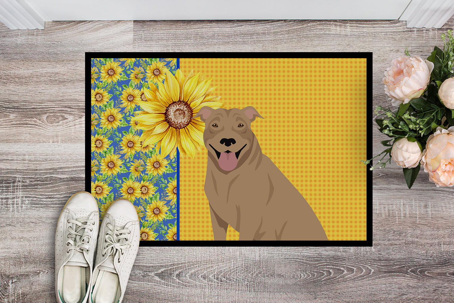 Caroline's Treasures Summer Sunflowers Fawn Pit Bull Terrier Doormat - 18x27 Decorative Floor Mat – Indoor/Outdoor Rug with Artistic Flair
