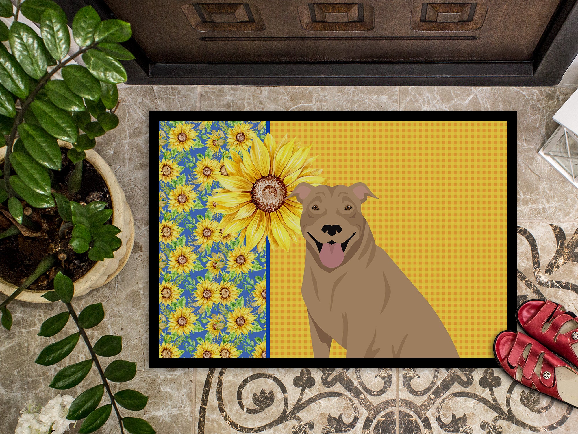 Summer Sunflowers Fawn Pit Bull Terrier Indoor or Outdoor Mat 18x27 - the-store.com