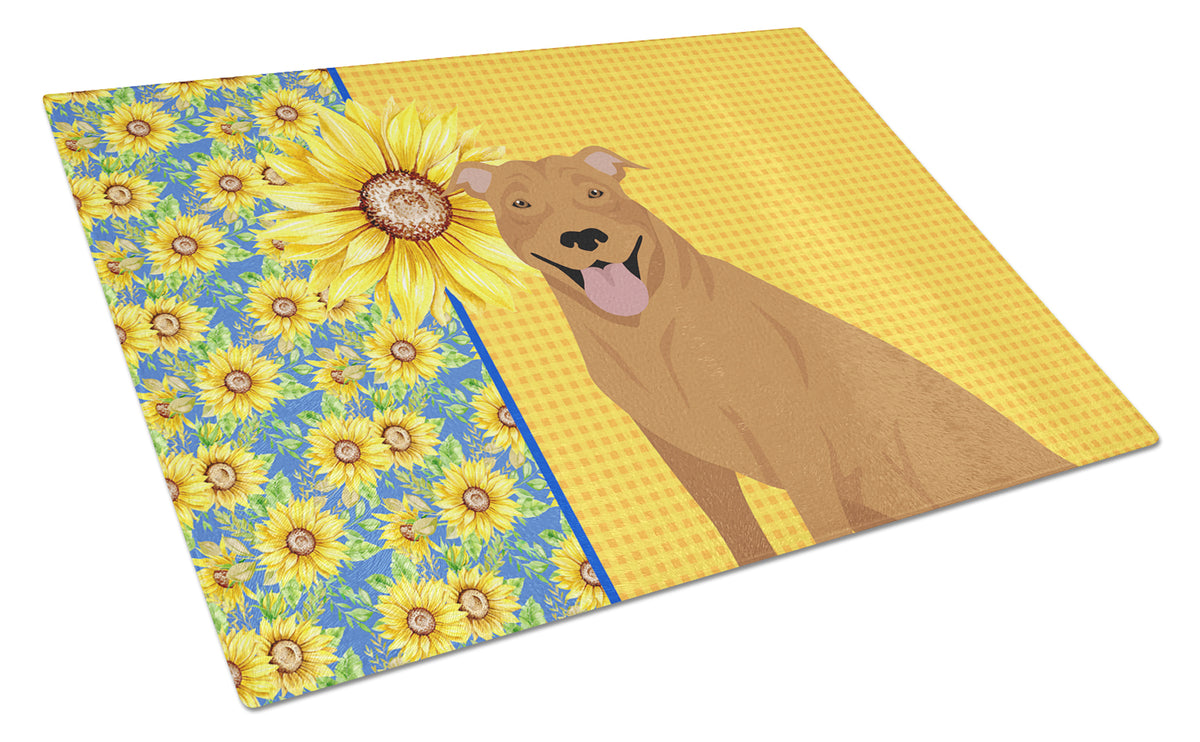 Buy this Summer Sunflowers Red Pit Bull Terrier Glass Cutting Board Large