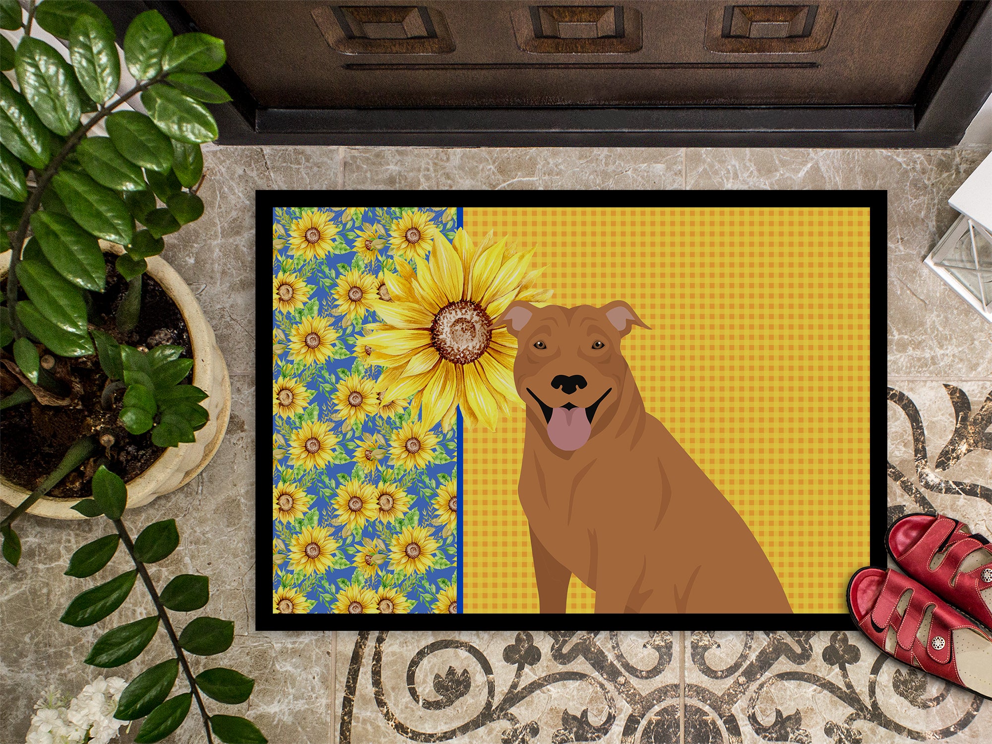 Summer Sunflowers Red Pit Bull Terrier Indoor or Outdoor Mat 18x27 - the-store.com