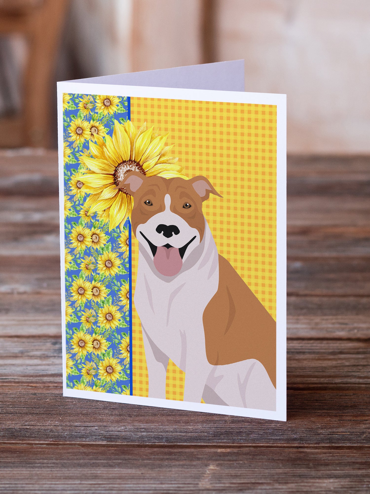 Summer Sunflowers Red and White Pit Bull Terrier Greeting Cards and Envelopes Pack of 8 - the-store.com