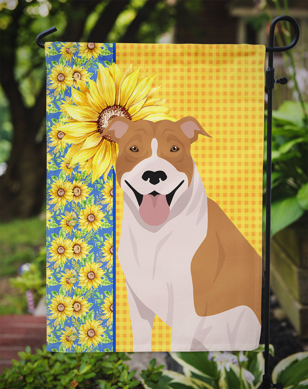 Summer Sunflowers Red and White Pit Bull Terrier Flag Garden Size  the-store.com.