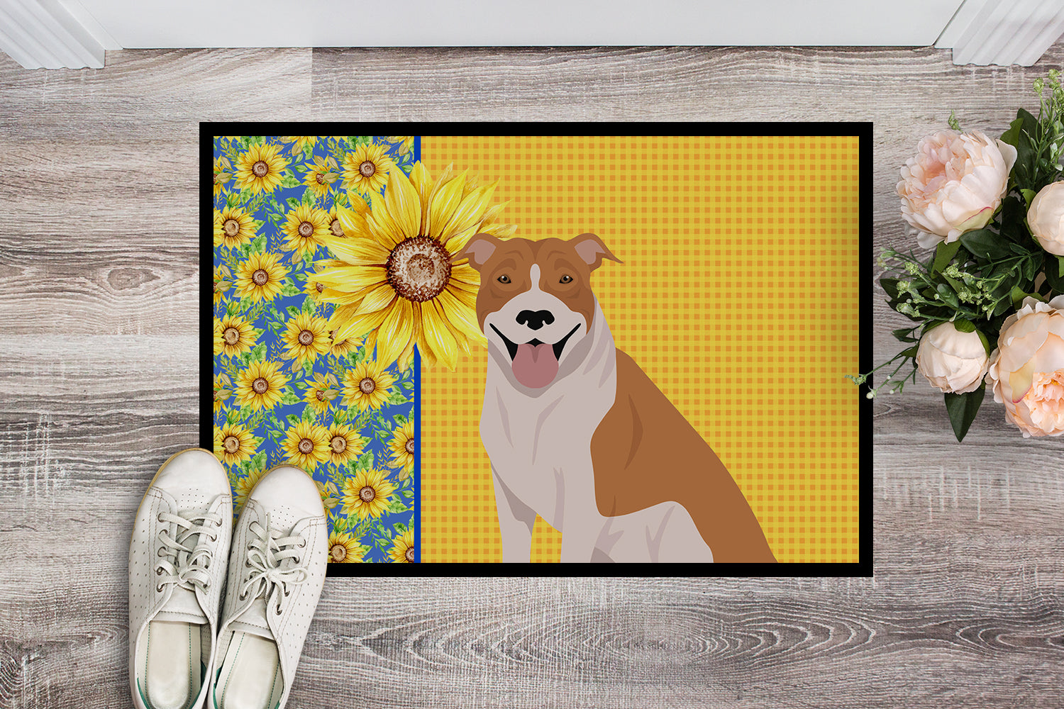 Summer Sunflowers Red and White Pit Bull Terrier Indoor or Outdoor Mat 24x36 - the-store.com