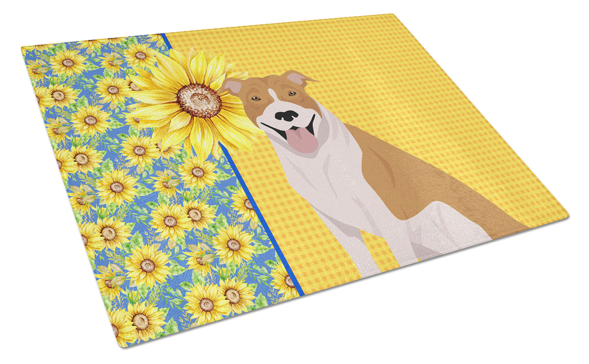 Buy this Summer Sunflowers Red and White Pit Bull Terrier Glass Cutting Board Large