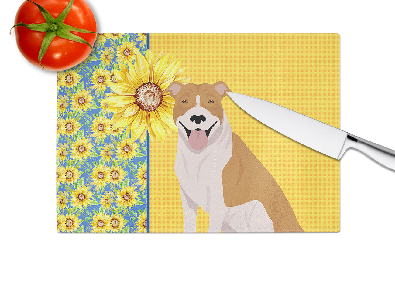 Summer Sunflowers Red and White Pit Bull Terrier Glass Cutting Board Large - the-store.com