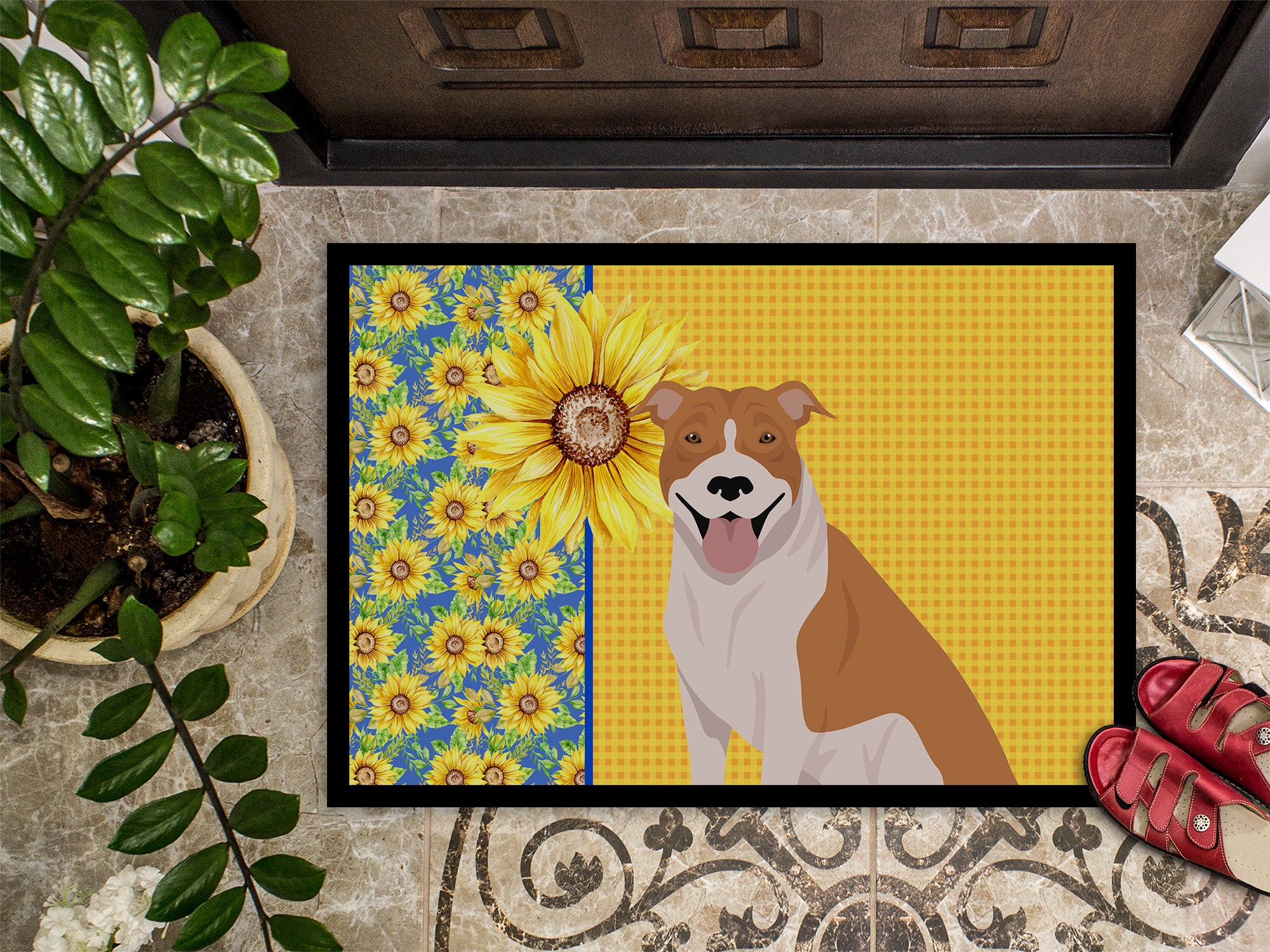 Summer Sunflowers Red and White Pit Bull Terrier Indoor or Outdoor Mat 18x27 - the-store.com