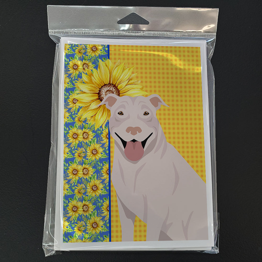 Summer Sunflowers White Pit Bull Terrier Greeting Cards and Envelopes Pack of 8 - the-store.com
