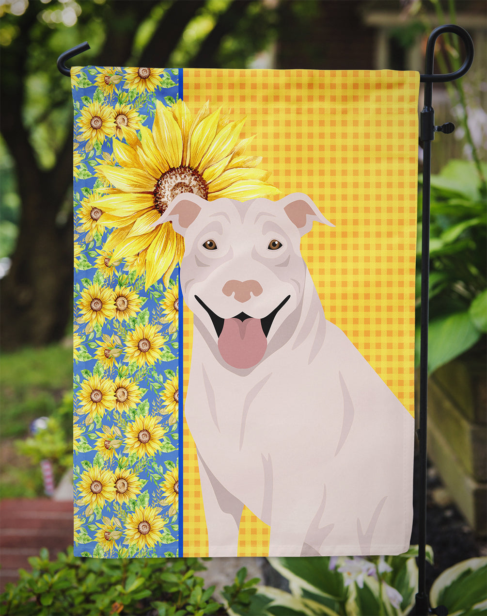 Summer Sunflowers White Pit Bull Terrier Flag Garden Size  the-store.com.