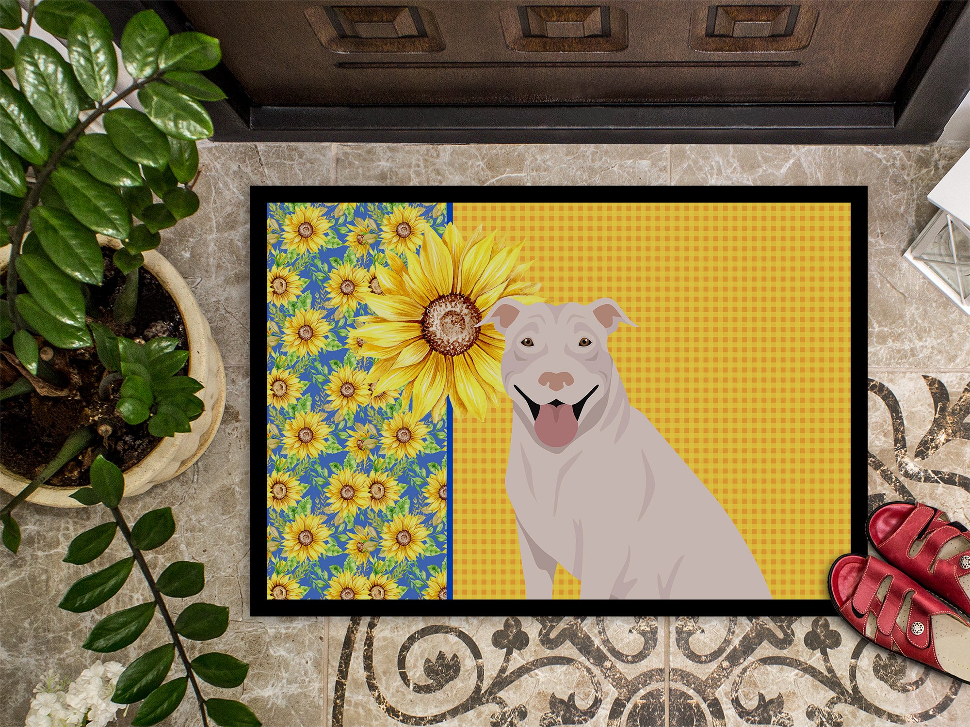 Summer Sunflowers White Pit Bull Terrier Indoor or Outdoor Mat 24x36 - the-store.com
