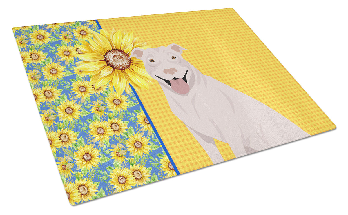 Buy this Summer Sunflowers White Pit Bull Terrier Glass Cutting Board Large