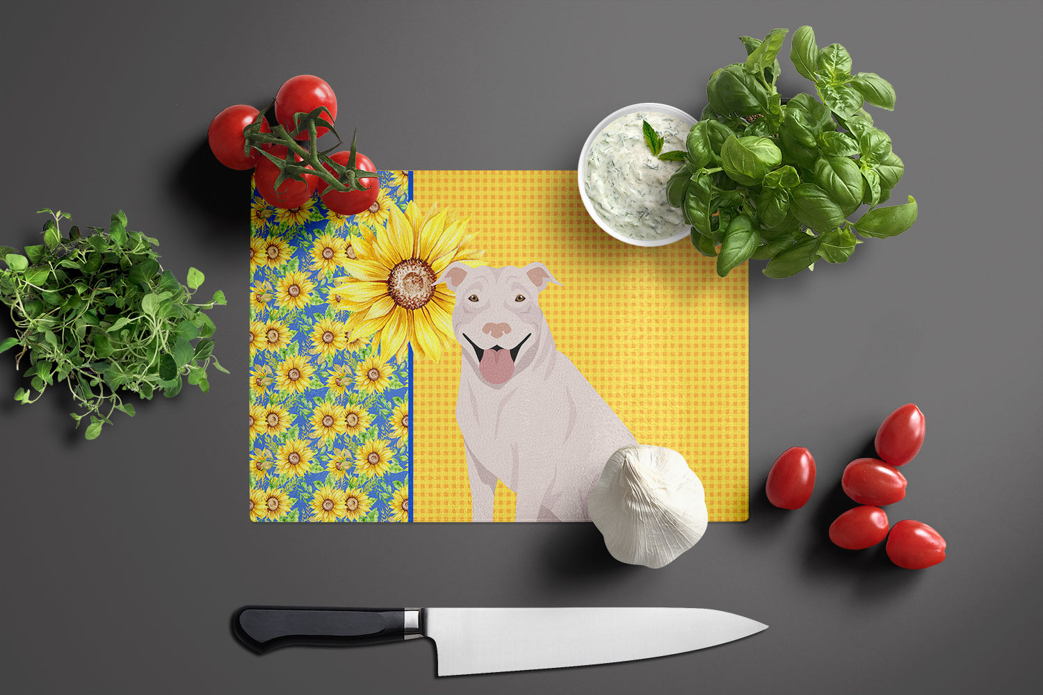 Summer Sunflowers White Pit Bull Terrier Glass Cutting Board Large - the-store.com