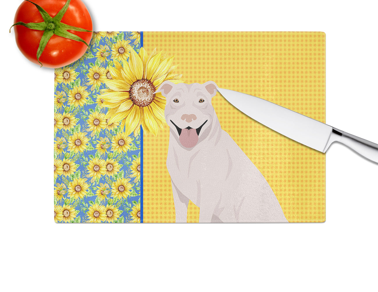 Summer Sunflowers White Pit Bull Terrier Glass Cutting Board Large - the-store.com
