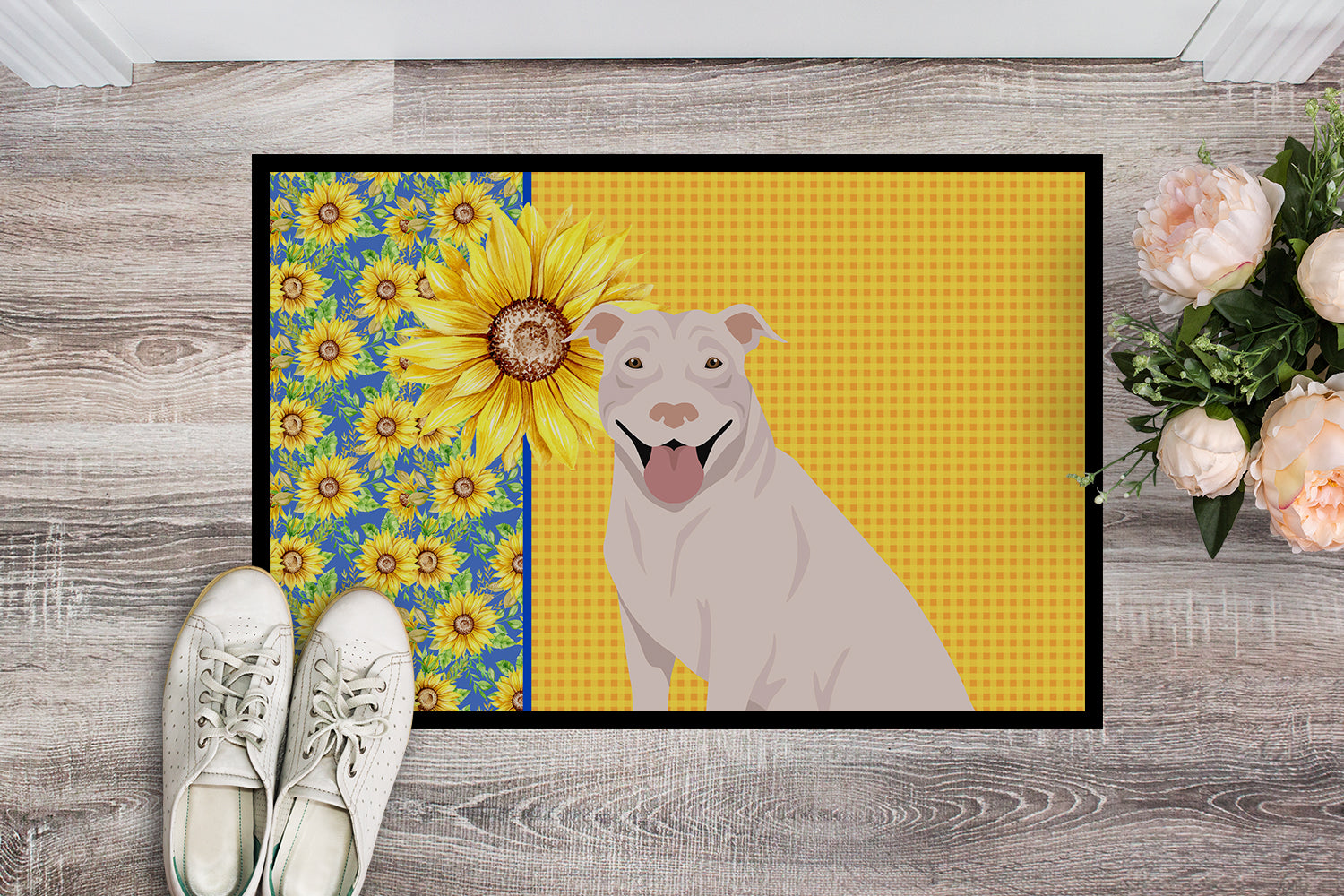 Caroline's Treasures Summer Sunflowers White Pit Bull Terrier Doormat - 18x27 Decorative Floor Mat – Indoor/Outdoor Rug with Artistic Flair