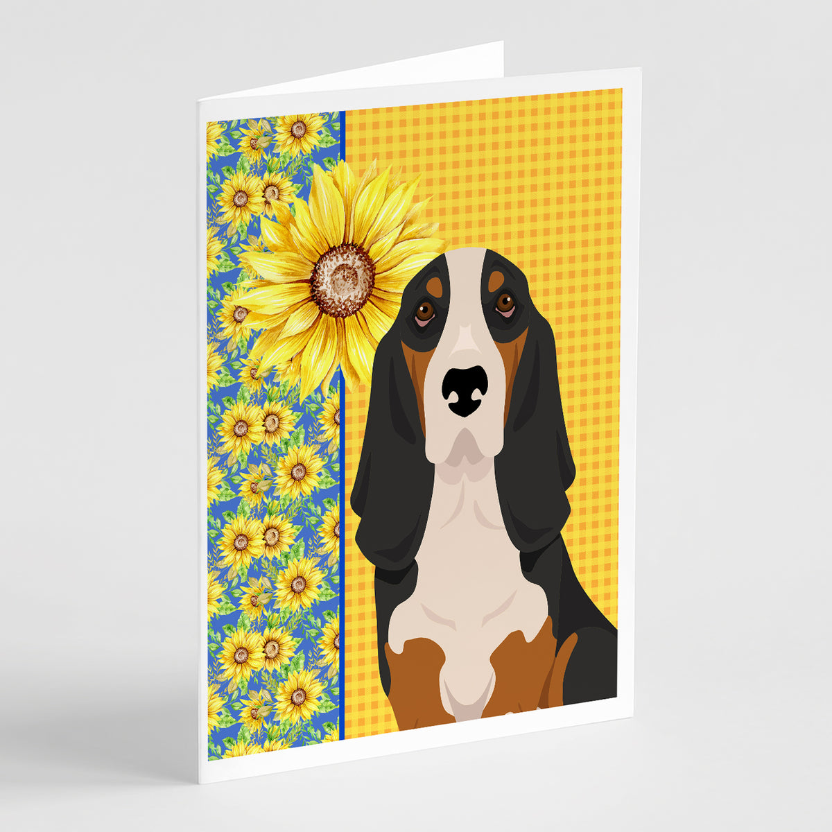 Buy this Summer Sunflowers Black Tricolor Basset Hound Greeting Cards and Envelopes Pack of 8