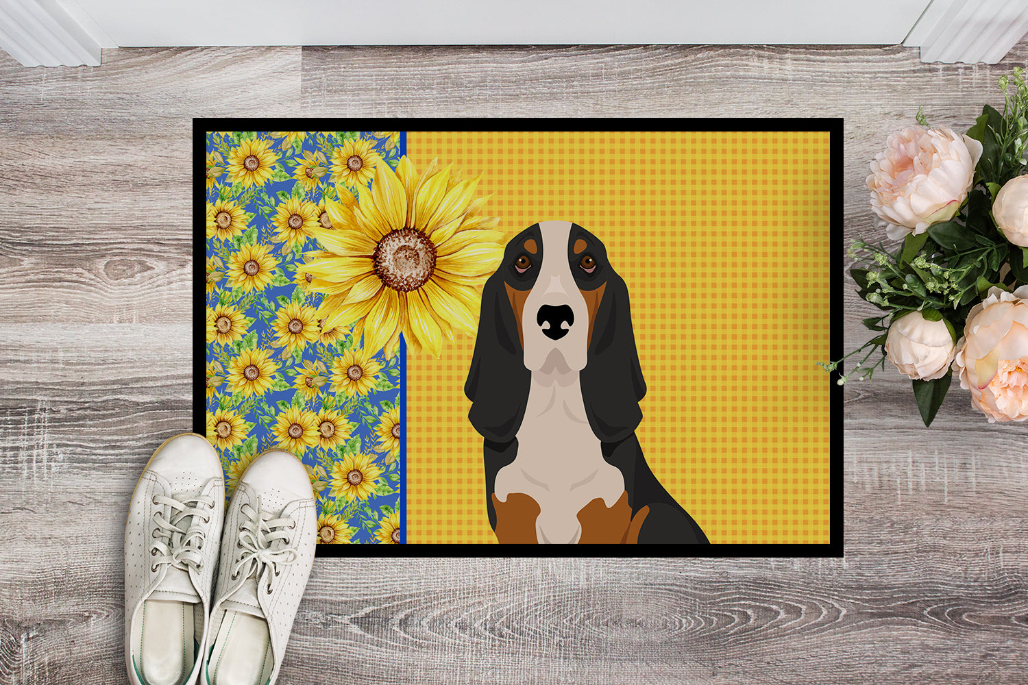 Summer Sunflowers Black Tricolor Basset Hound Indoor or Outdoor Mat 24x36 - the-store.com
