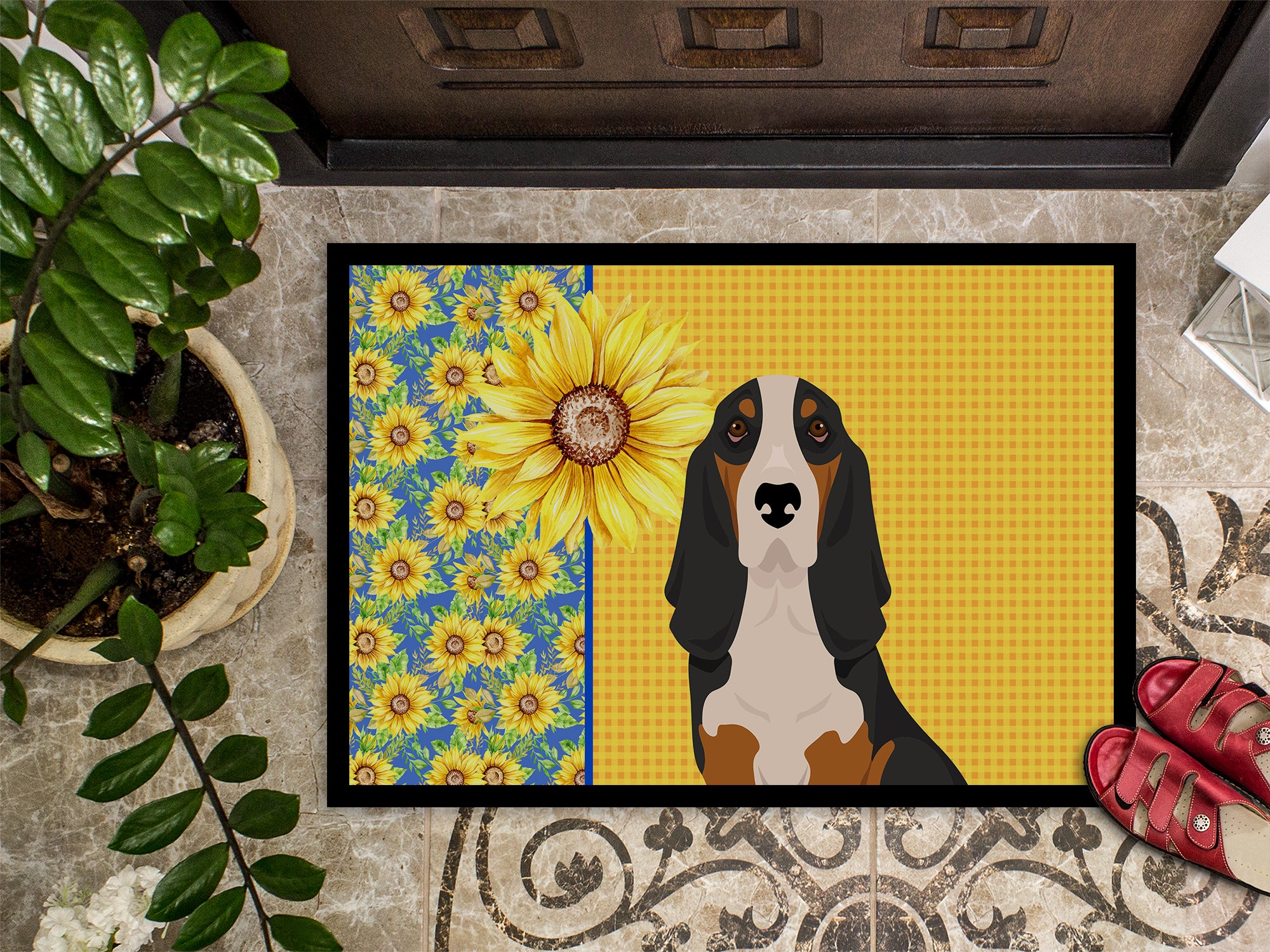 Summer Sunflowers Black Tricolor Basset Hound Indoor or Outdoor Mat 24x36 - the-store.com