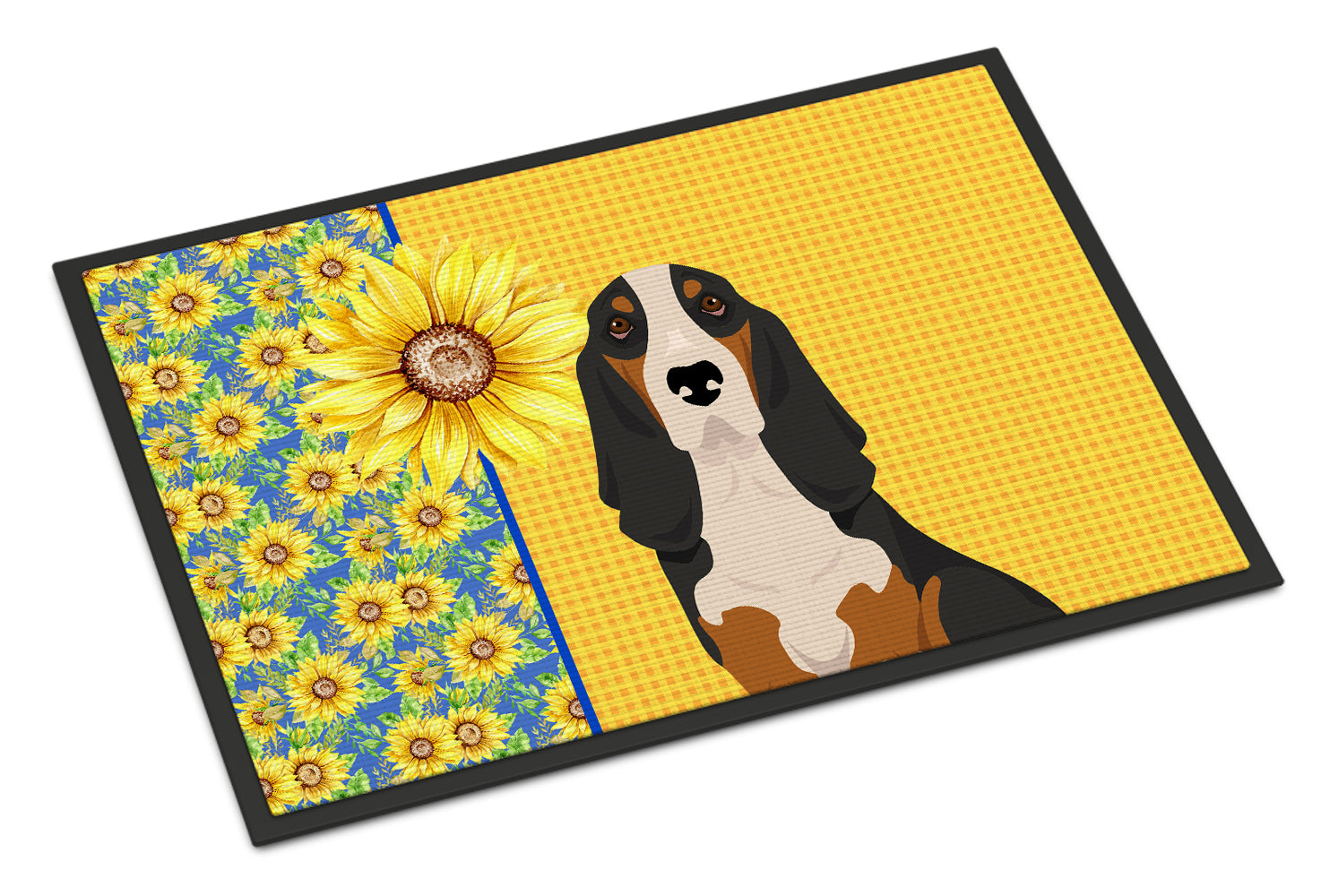 Buy this Summer Sunflowers Black Tricolor Basset Hound Indoor or Outdoor Mat 24x36