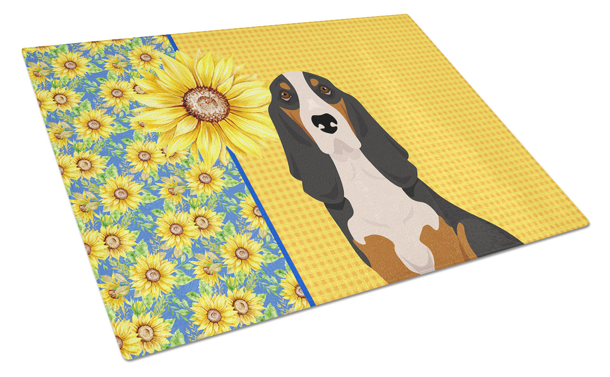 Buy this Summer Sunflowers Black Tricolor Basset Hound Glass Cutting Board Large