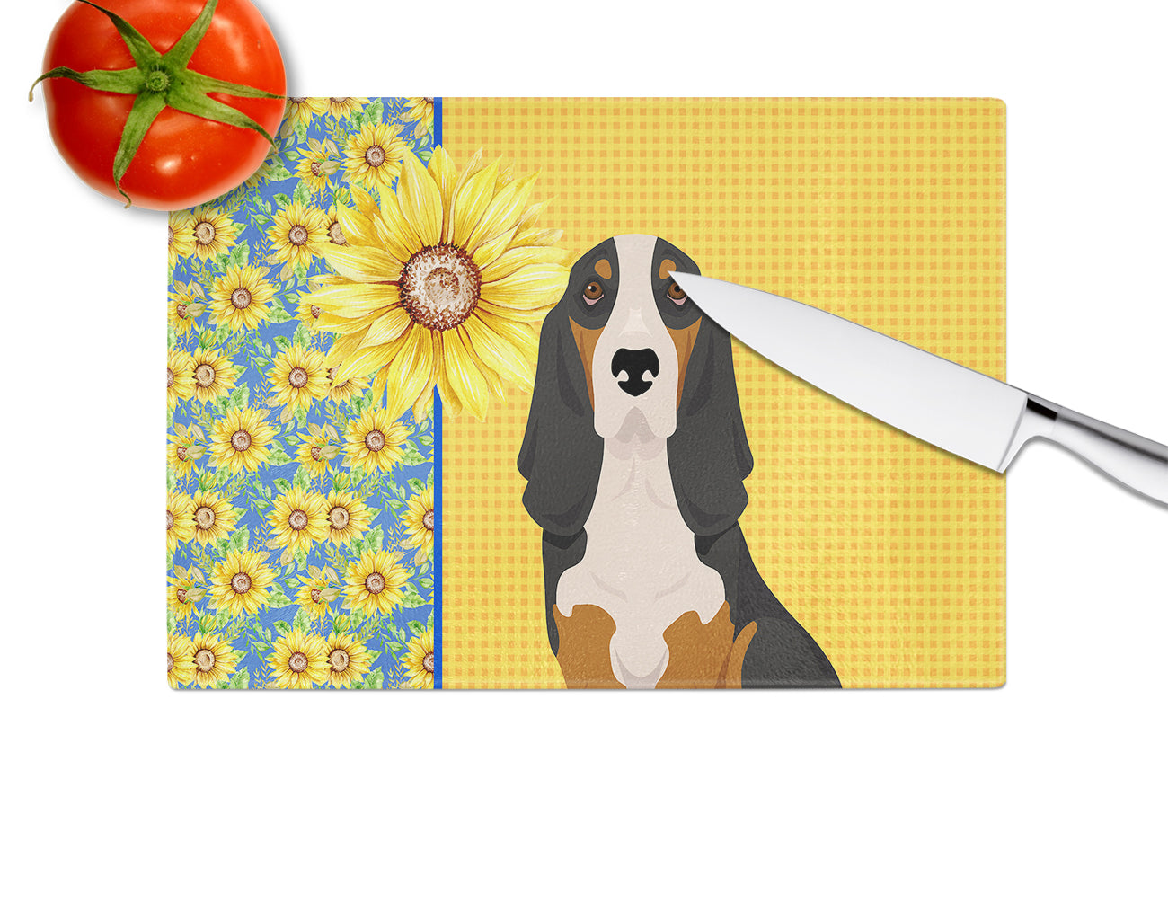Summer Sunflowers Black Tricolor Basset Hound Glass Cutting Board Large - the-store.com