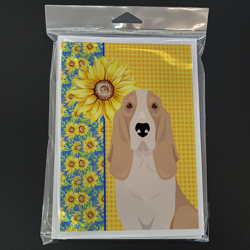 Summer Sunflowers Lemon and White Tricolor Basset Hound Greeting Cards and Envelopes Pack of 8 - the-store.com