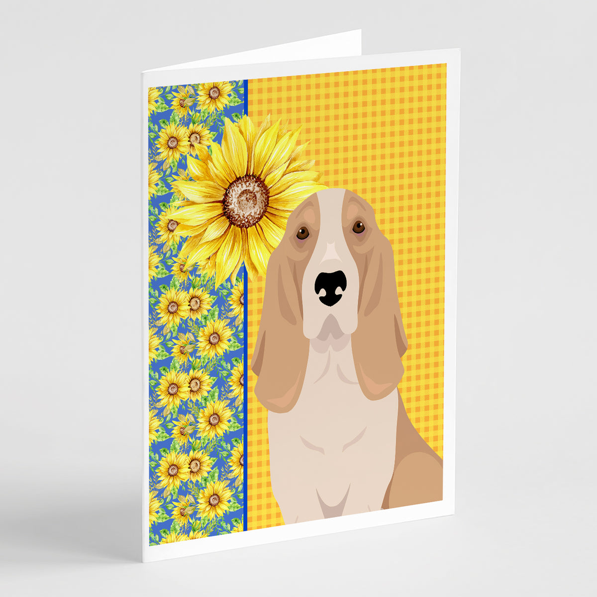 Buy this Summer Sunflowers Lemon and White Tricolor Basset Hound Greeting Cards and Envelopes Pack of 8