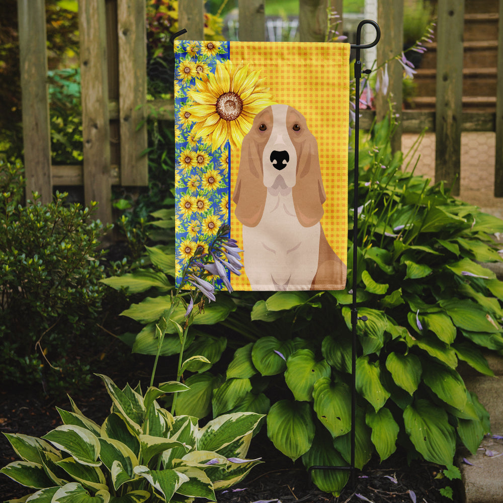 Summer Sunflowers Lemon and White Tricolor Basset Hound Flag Garden Size