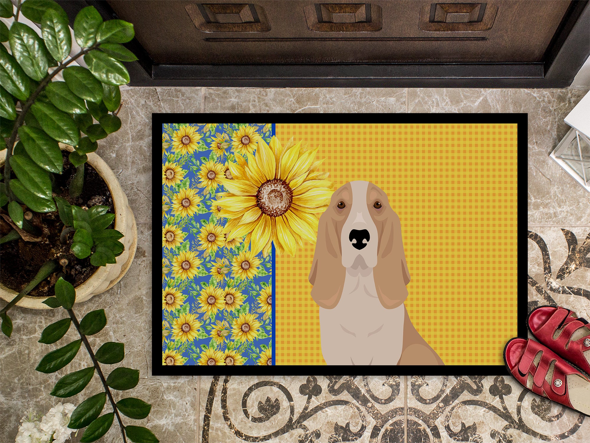 Summer Sunflowers Lemon and White Tricolor Basset Hound Indoor or Outdoor Mat 24x36 - the-store.com
