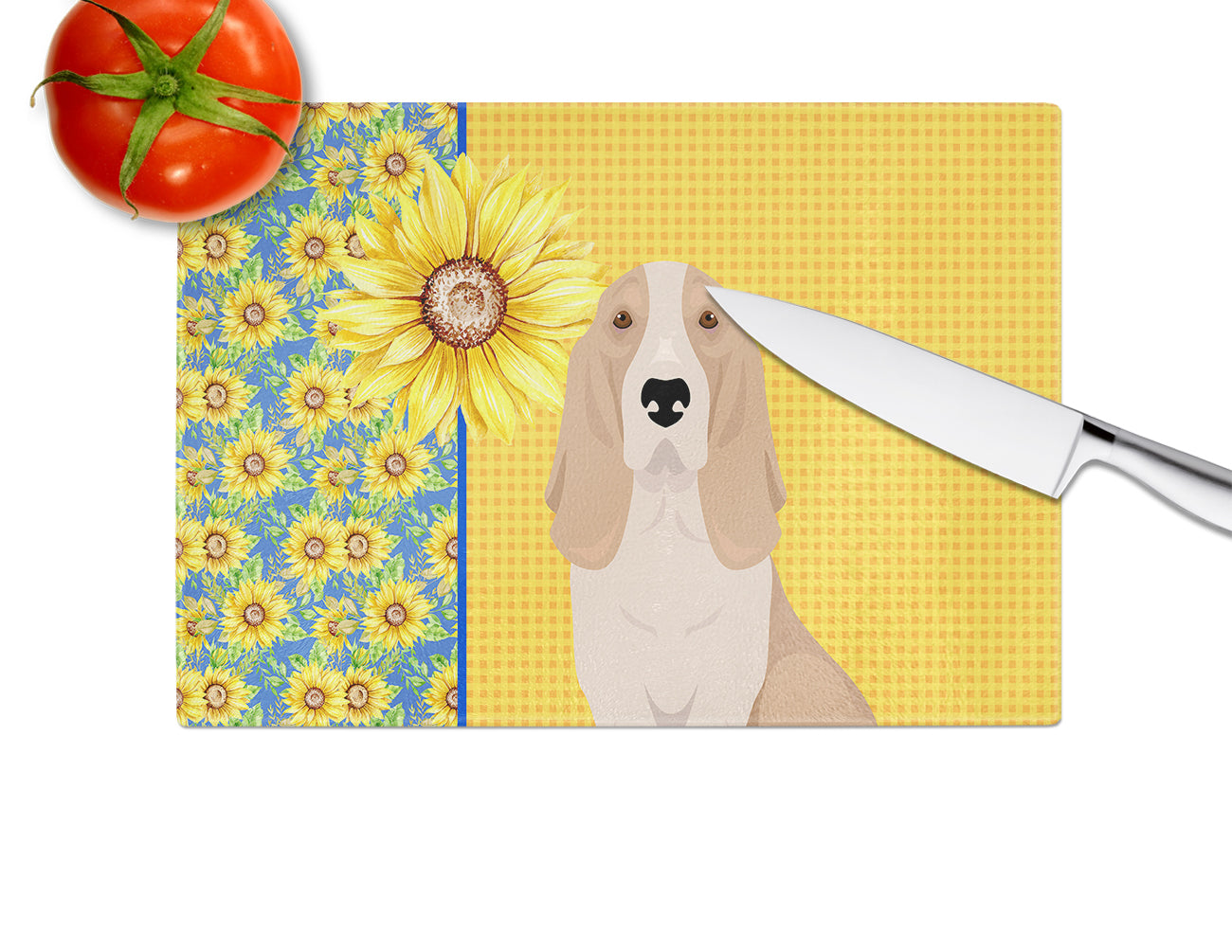 Summer Sunflowers Lemon and White Tricolor Basset Hound Glass Cutting Board Large - the-store.com