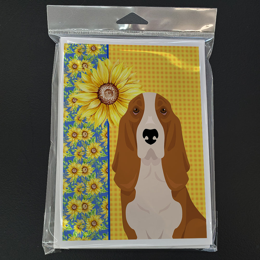Summer Sunflowers Red and White Tricolor Basset Hound Greeting Cards and Envelopes Pack of 8 - the-store.com