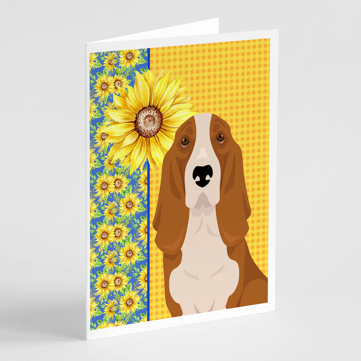 Buy this Summer Sunflowers Red and White Tricolor Basset Hound Greeting Cards and Envelopes Pack of 8