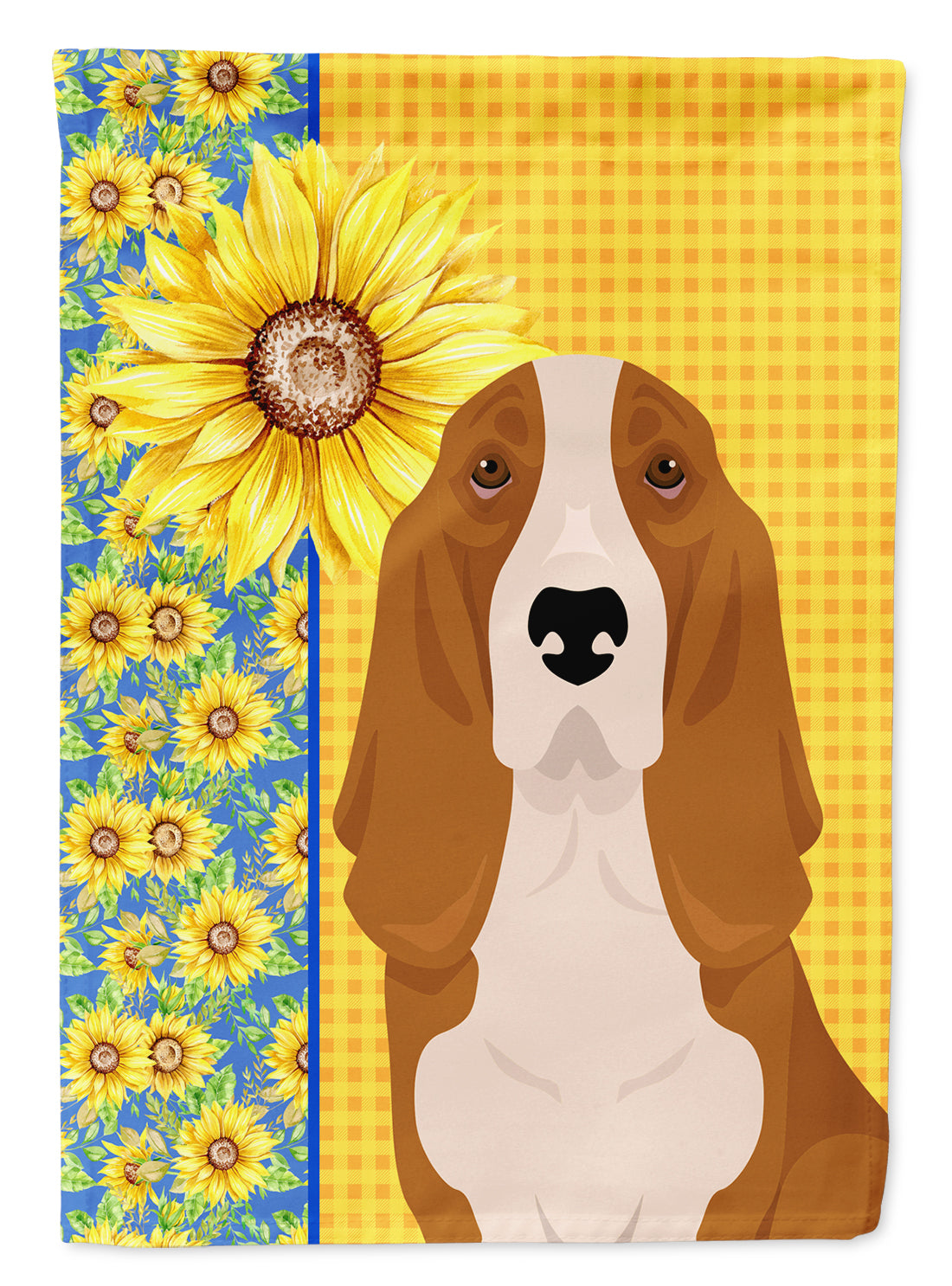 Summer Sunflowers Red and White Tricolor Basset Hound Flag Garden Size  the-store.com.