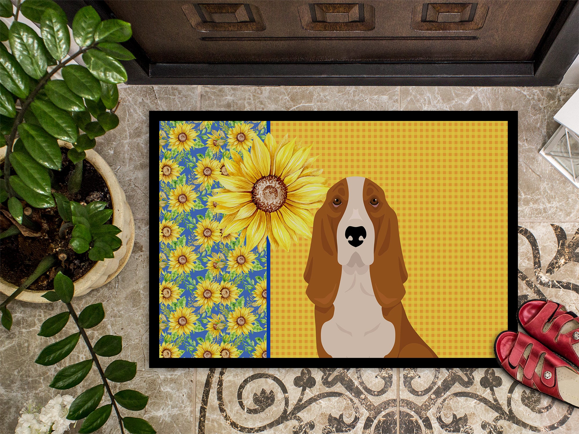 Summer Sunflowers Red and White Tricolor Basset Hound Indoor or Outdoor Mat 24x36 - the-store.com