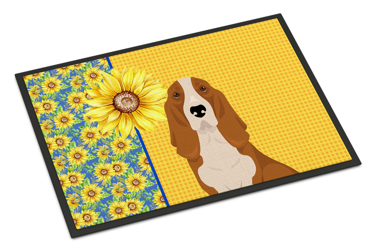 Buy this Summer Sunflowers Red and White Tricolor Basset Hound Indoor or Outdoor Mat 24x36