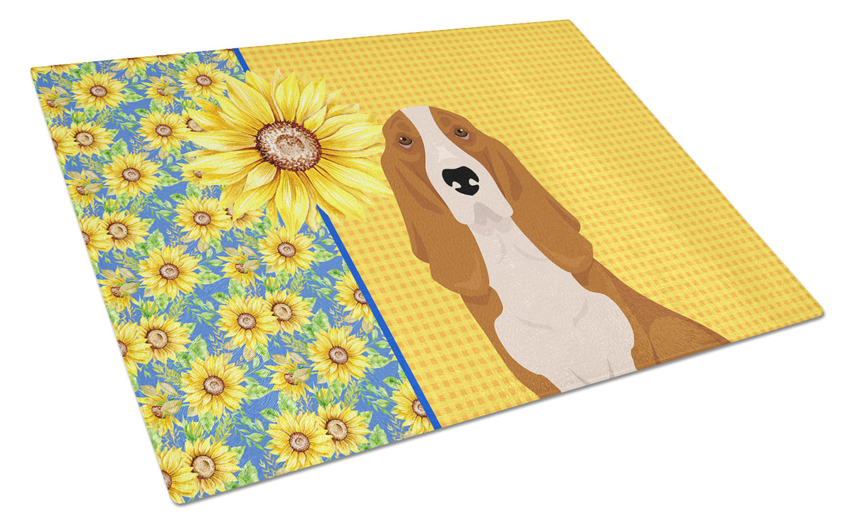 Buy this Summer Sunflowers Red and White Tricolor Basset Hound Glass Cutting Board Large
